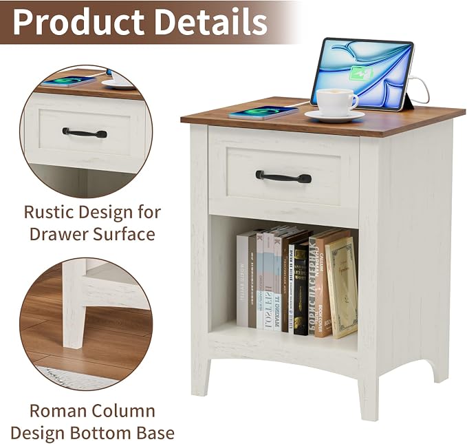 HOMMPA Farmhouse Nightstand with Charging Station, Mid Century Modern Night Stand w/Drawer & Open Shelf, Wood Bedside Table Night Table, Rustic End Table for Bedroom, Rustic White - Image 5
