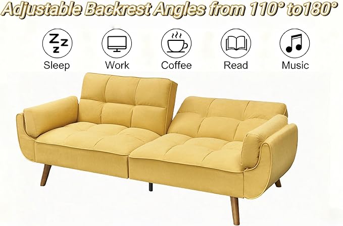 Convertible Futon Sofa Bed, Modern Futon Couch with 2 Pillows, Small Futons Couch with Adjustable Armrest & Backrest, Loveseat Sofa Bed for Living Room, Bedroom, Yellow
