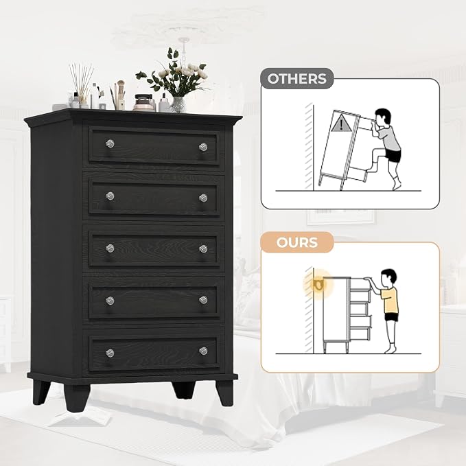 GAOMON Black 5 Drawer Dresser for Bedroom, 48" Tall Wood Dresser & Chests of Drawers with Deep Drawers, Modern Chest Organizer with Metal Handles for Living Room, Hallway, Entryway - Image 6