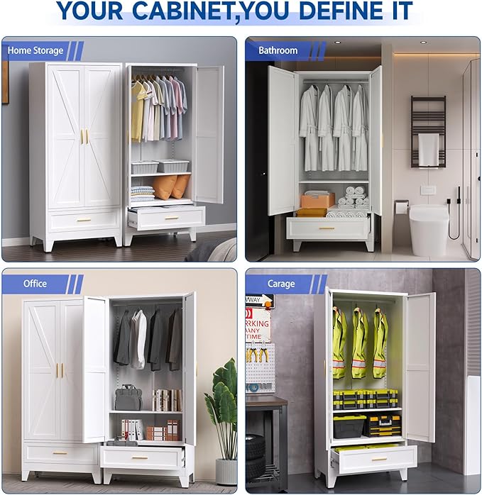 Steel Armoire Wardrobe Closet, 71" Metal Clothing Storage Cabinets with 2 Doors, 1 Drawer and 1 Adjustable Shelf, White Wardrobe Cabinet with Hanging Rod for Bedroom, Gym