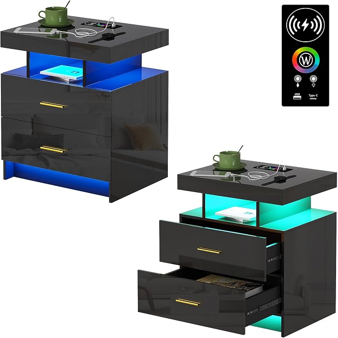 HNEBC Night Stands Set 2 with Charging Station for Bedroom, Auto LED Nightstand with Wireless/USB Port, Modern Bedside Tables has 24-Color Lights, Side Tables with 2 Drawer for Bedroom Black by HNEBC