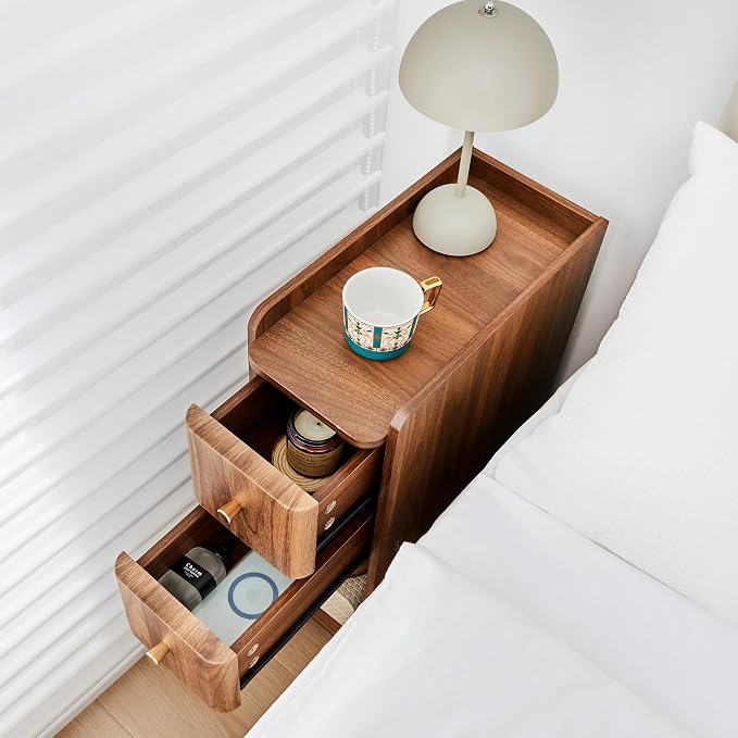Narrow End Table Bedroom, Wooden Small 2 Drawer Nightstand, Thin Couch Side End Table, Skinny Bedside Table Small Spaces, Mid Century Modern Night Stand with Drawers (Walnut-1 pc) - Image 3