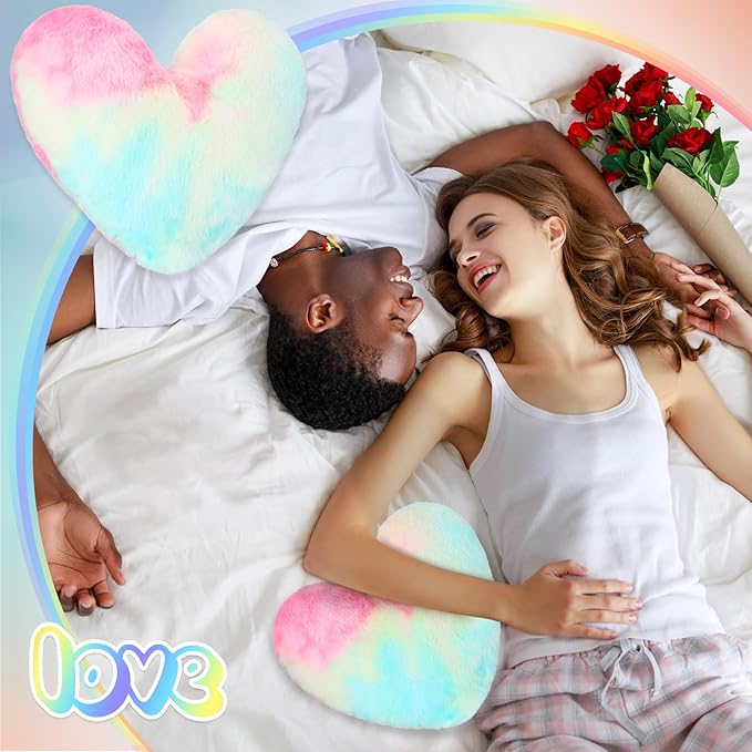 Marsui 2 Pcs Heart Throw Pillows, Soft Fluffy Faux Fur Decorative Hearts Shaped Pillows for Living Room Sofa Bed, Cute Heart Themed Gift for Women(Colorful,11.81 x 11.02 Inch)