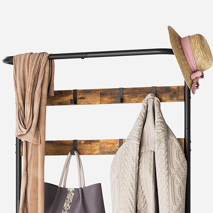 YATINEY Hall Tree, Coat Rack with Shoe Bench, 4-in-1 Entryway Bench with Storage Shelves, Hanging Rod and 8 Movable Hooks, Hall Tree with Storage Bench for Hallway, Rustic Brown and Black MT02BR - Image 8