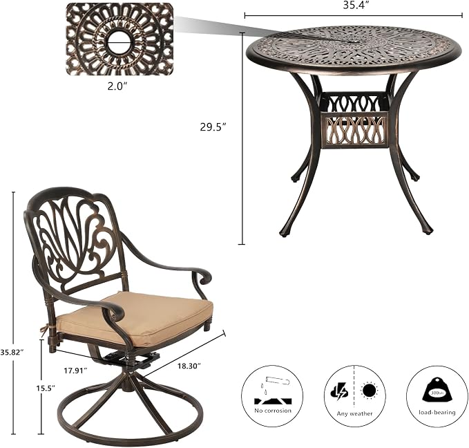 Grepatio 5 Piece Outdoor Dining Set Cast Aluminum Patio Dining Set Table and Chairs Outside Furniture 4 Swivel Chairs with Cushion and 1 Umbrella Hole Round Dining Table for Lawn Garden Patio (Khaki) - Image 7