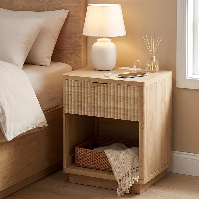 Nasonet Fluted Nightstand Charging Station,Wood Modern Night Stands Storage Cabinet for Bedroom,Oak Bedside Table with Drawers by Nasonet