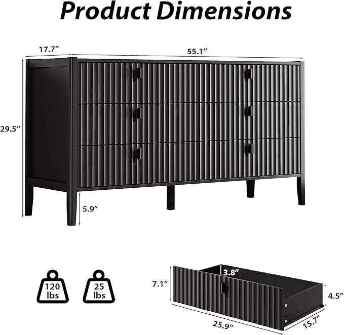 MAISONARIA 3-Piece Dresser Bedroom Set, 6 Drawer Dresser & 2 Drawer Nightstands with Metal Handles, Fluted Wood Chest of Drawers for Bedroom, Living Room, Entryway, Black