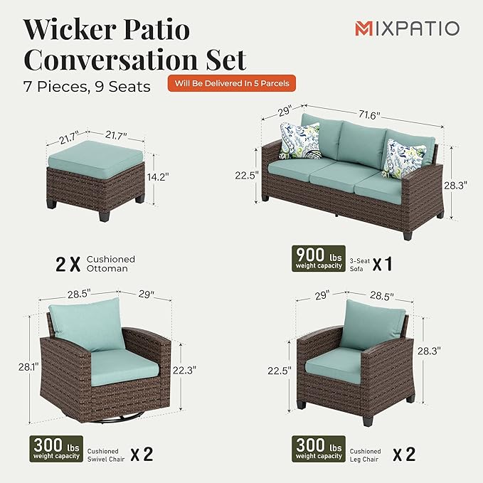 Patio Furniture Set, 7 Pcs Wicker Rattan Outdoor Conversation Set, 2 x Leg Chairs, 2 x Swivel Chairs, 1 x 3 Seater Sofa and 2 x Ottoman with 4" Thick Cushion for Garden Backyard Deck, Blue