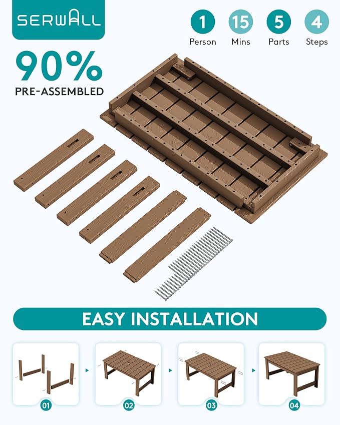 SERWALL Outdoor Coffee Table with 1.69" Umbrella Hole, HDPE Patio Coffee Table for Outside, Rectangle, Brown - Image 8