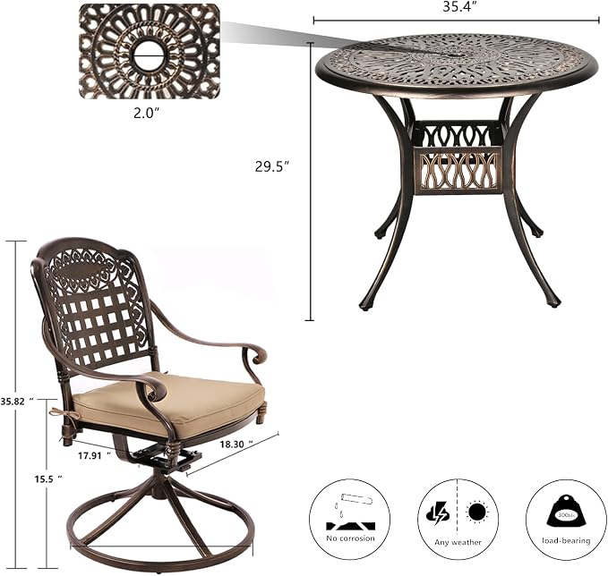 Grepatio 5 Piece Outdoor Dining Set Cast Aluminum Patio Table and Chairs Outside Furniture 4 Mesh Swivel Chairs with Khaki Cushion and 1 Umbrella Hole Round Dining Table for Lawn Garden (Grid Khaki) - Image 7
