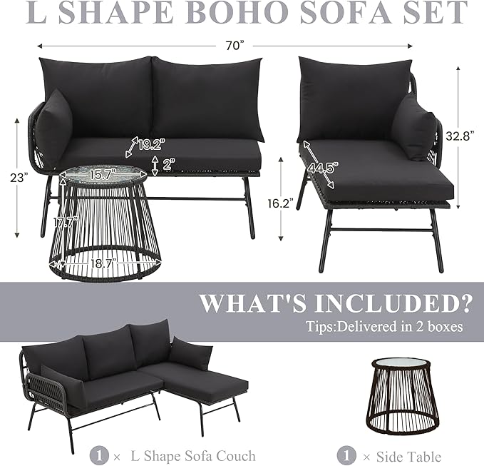 Bezseller 3-Piece Outdoor Patio Furniture Set – L-Shaped Rattan Sectional Sofa with Detachable Lounger, Glass Coffee Table & 4" Cushions – All-Weather PE Wicker for Backyard, Porch, Poolside