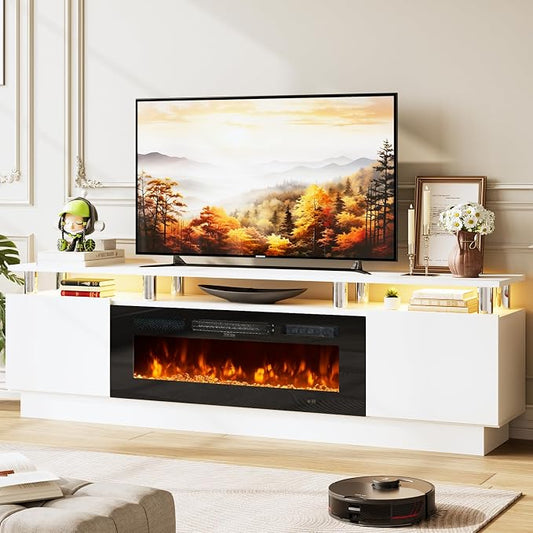 70" TV Stand & Entertainment Center, Media Console with Storage Shelves, Fits TVs up to 80", Modern Living Room Furniture, 36" Electric Fireplace (White+Black) by Unknown