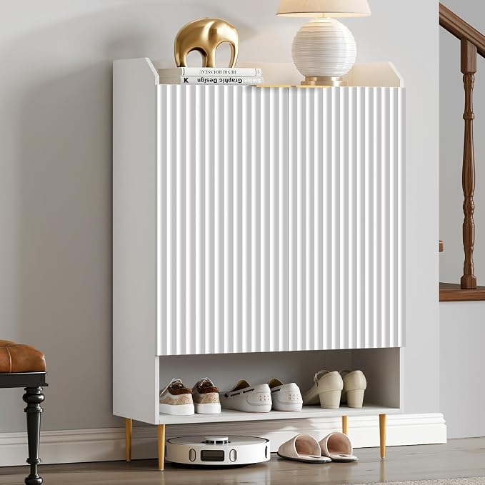 SICOTAS Fluted Shoe Cabinet - 50.7" Tall, 7-Tier Shoe Storage Cabinet with Adjustable Shelves & Doors, Modern Entryway Shoe Organizer for Hallway Front Door Closet, White by SICOTAS