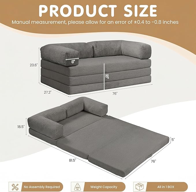 Folding Sofa Bed, Convertible Sleeper Chair with Pilow Foldable Matress, 2 in 1 Pull Out Loveseat Sofa Portable Fold Out Chair Bed Floor Couch Lounge for Living Room (Grey, King-82 Lx76 W)