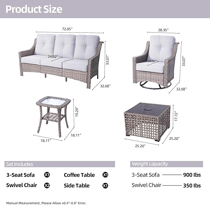 HOOOWOOO 5 Piece Patio Furniture Conversation Sets with Swivel Rocking Chairs,Outdoor Wicker Furniture with LED Tablet,All Weather Resistant High Back Rattan Conversational Set(Light Grey Gray)
