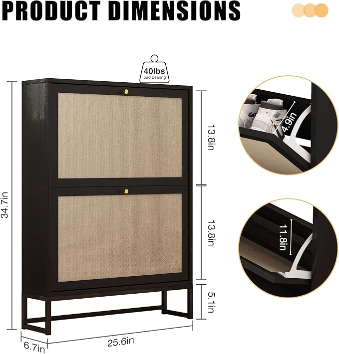 AVZEAR Narrow Shoe Cabinet with 2 Flip Drawer, Freestanding Shoe Organizer Shoe Cabinet Storage for Entryway, Slim Shoe Storage Shoe Rack for Closet with Linen Doors in Hallway, Living Room(Black) - Image 2