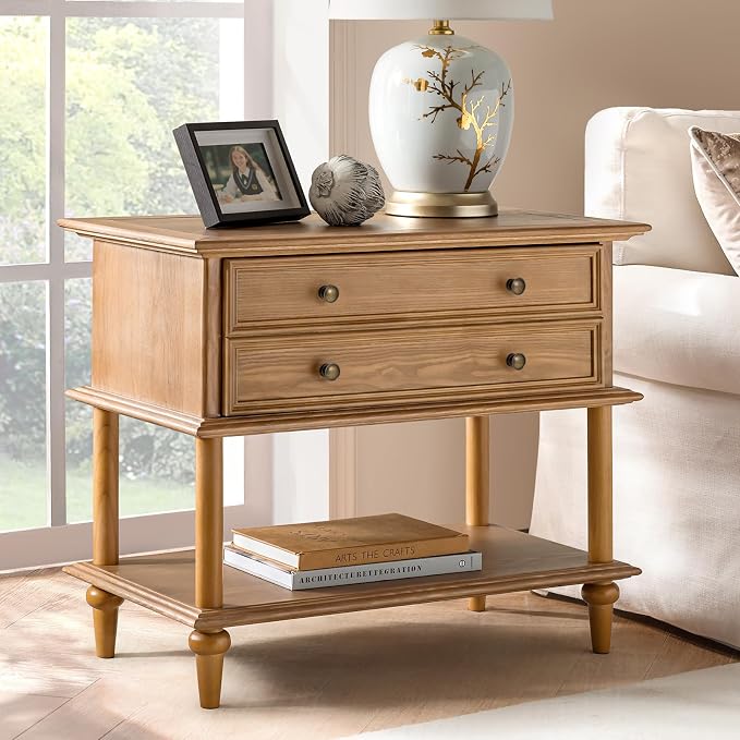 HULALA HOME Farmhouse Nightstand with Drawer & Open Shelf, Natural Wood End Table with Solid Wood Legs, 28.4'' Wide Sofa Side Table with Charging Station(Oak) - Image 8