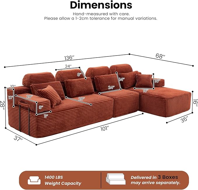 136" L Shaped Cloud Modular Sectional Sofa with Chaise & Headrest, Boneless Deep Seat Plush Corduroy Couches for Large Living Room, No Assembly Required (Orange, 136" L-shapred Chaise)