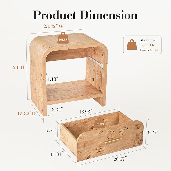 Night Stand Set of 2 [Unique Curved Profile] [FSC-Certified Wooden Board] 1-Drawer and 1 Storage Shelf Nightstand 24" H Metal Handle Modern Bedside Table Side Table End Table - Image 7