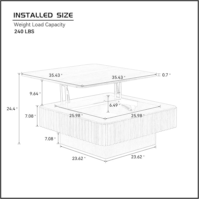 Lift-top Coffee Table with Storage for Living Room Office, Modern Square Fluted Coffee Table, 35.43" Wood Dining Center Tables with Large Hidden Space - Black