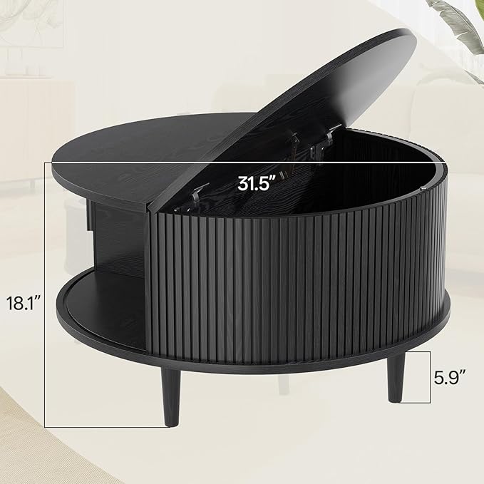 Round Coffee Table with Storage, Mid Century Modern Coffee Table, Fluted Dining Table with Sliding Door, Circle Coffee Table for Living Room Home Office, 31.5", Black