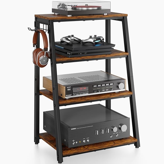 4-Tier AV Media Stand with 2 Hooks,Heavy Duty Stereo Cabinet Furniture-Large Stereo Rack and Game Console Stand,Wooden Record Player Stand,Audio Stand Perfect for DVD Players/Game Console/TV Box/Xbox by X-cosrack