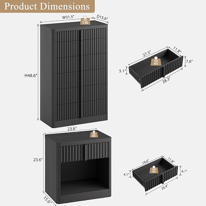 Fluted Dresser and Nightstand 3-Piece Bedroom Set, 49" Tall 6-Drawer Dresser and 2 of Nightstands with Charging Station, Curved Profile Design, Modern Bedroom Dressers Sets, Black