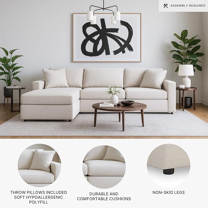 Signature Design by Ashley Modmax Coastal L-Shaped Modular Stain Resistant 3-Piece Sectional with Chaise, Reversible Cushions and 2 Accent Pillows, Beige