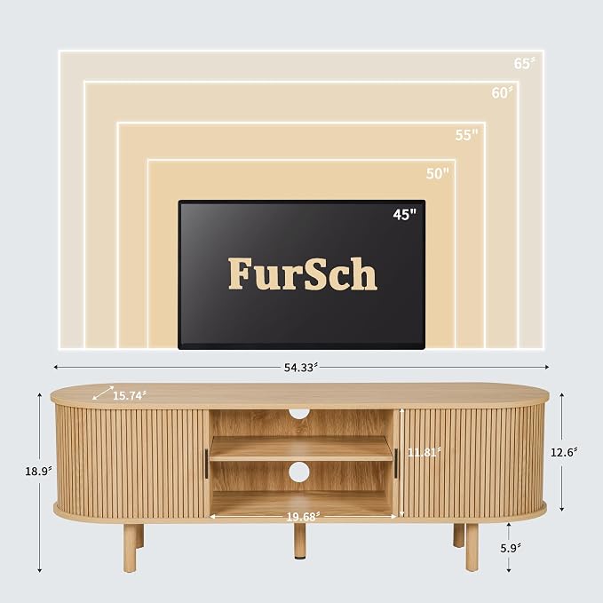 FurSch 54" Tambour Door TV Stand,Wood Mid Century Modern TV Cabinet for Up to 65“ TV,Curved Edge Long TV Stand with Storage for Bedroom Living Room(Natural, 54inch) - Image 2