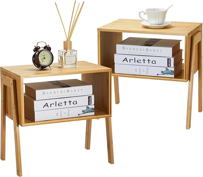 Pipishell Nightstands Set of 2, Bamboo Stackable Bedside Table, Night Stands with Storage Shelf, Small Bed Side Tables, 2-Tier End Table for Bedroom, Dorm and Small Space Storage (Natural) by Pipishell