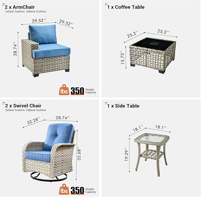 ovios 6 Piece Patio Sectional Furniture with Swivel Rocking Chairs, Rattan Wicker Coversation Set with Glowing Coffee Table, Outdoor Sofa Set for Outside Porch Balcony Backyard Pool, Blue