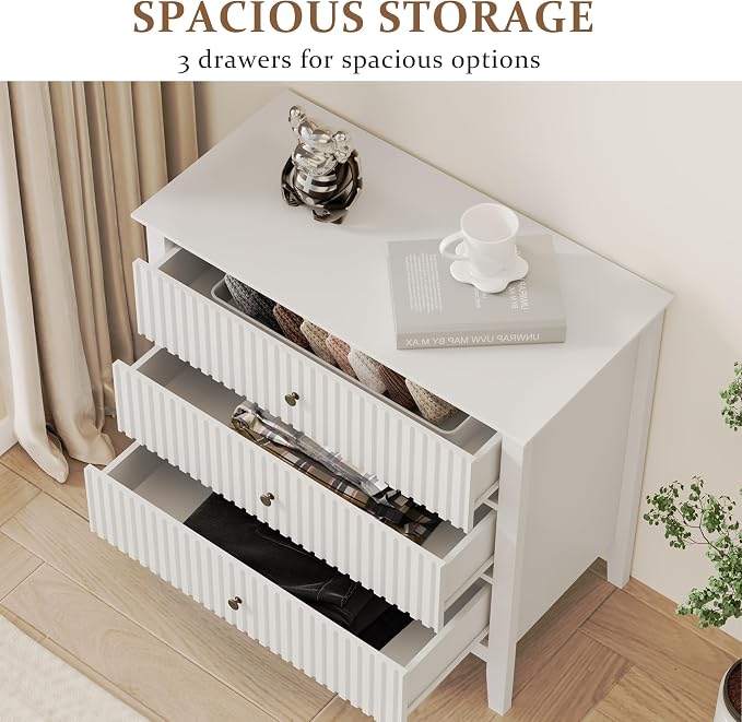 RoyalCraft Large 3 Drawer Dresser Set of 2, Fluted Wood Chest of Drawers with Storage, Modern Painted 30 inch Wide Nightstand for Bedroom Living Room Entryway, White - Image 4