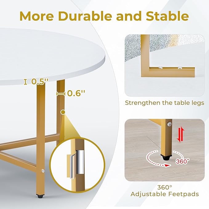 Coffee Table, 23.6" Coffee Tables for Living Room, Round Coffee Table with Metal Frame, Floor Table for Sitting on The Floor, Home, Office, White & Gold Legs