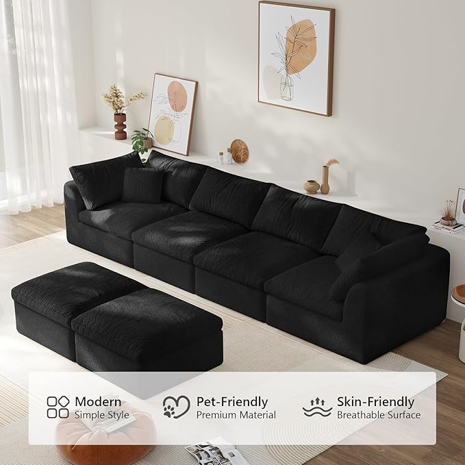 138" Modular Sectional Sofa Boneless Cloud Couch for Living Room, U Shape Deep Seat Recliner Sofa with Ottoman, Adjustable Backrest & 2 Throw Pillows - Covers Washable, (Black, 4 Seater+2 Ottoman)