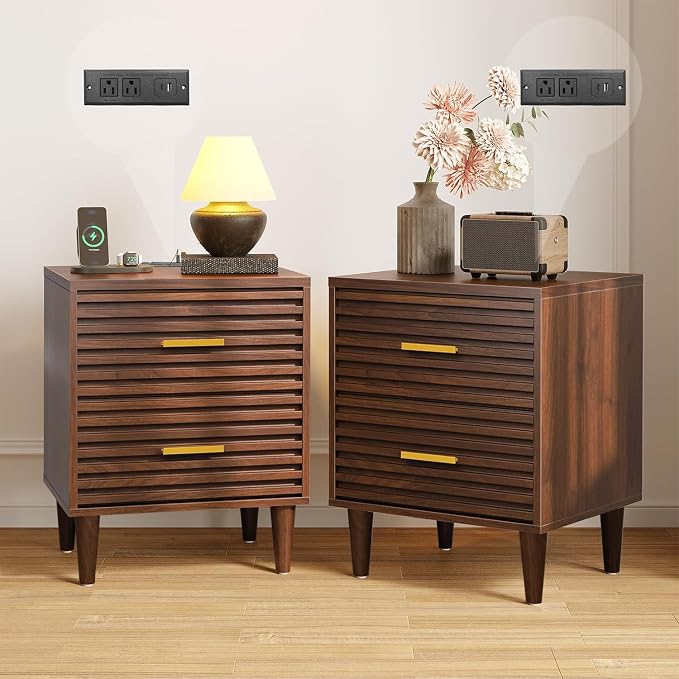 Alohappy Night Stands with Charging Station Set of 2, Mid Century Modern Nightstands, Wooden Bedside Table for Bedroom, End Table with Storage Drawers, Bed Side Table with USB Outlets, Brown 2pcs by Alohappy
