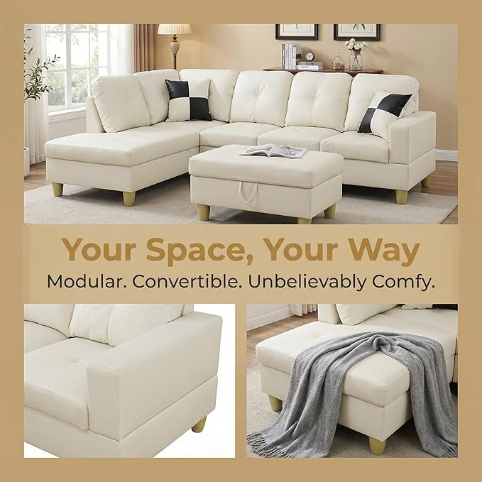NicBex Modular L-Shaped Sectional Couches, 3-Piece Convertible Couch with Storage Ottoman, 4-Seat Comfy Sofa with Chaise for Living Room & Apartment, Cream White