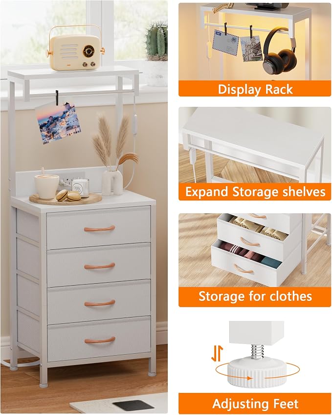 Furnulem White Nightstand, 38 inches Tall Night Stand with Charging Station and LED Lights, Bedside Table for Bedroom, Office, Hallway, 4 Fabric Drawers, Metal Frame, Wood Shelves - Image 4