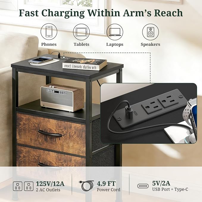Nightstand with Charging Station, Bedside Table with USB Ports & Outlets, Small Dresser End Table with 2 Fabric Drawer and Open Storage Shelf, Wooden Top for Bedroom, Black & Brown - Image 3
