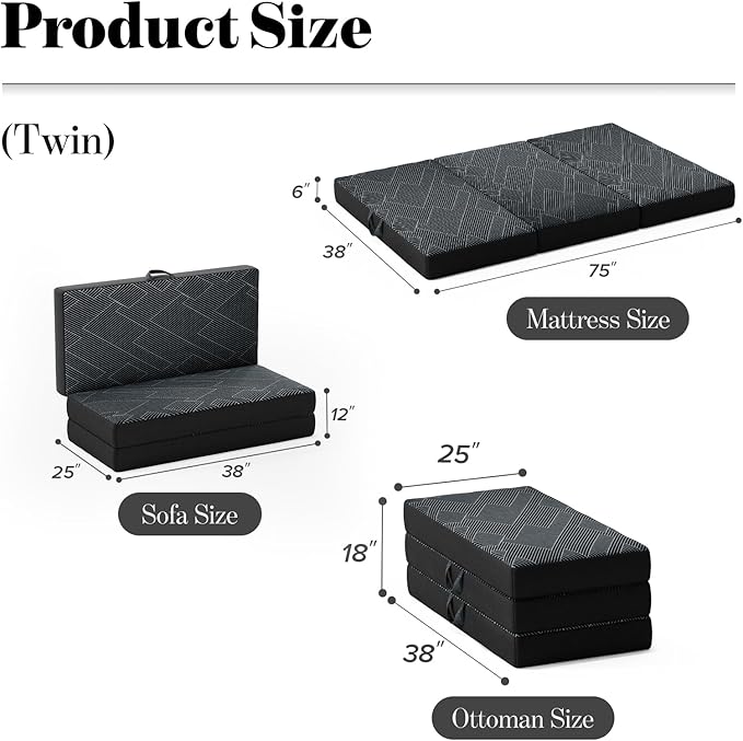 Tri Folding Mattress Twin Size - Foldable Mattress Trifold Memory Foam Mat with Washable Cover, Handle & Non-Slip Bottom, Portable Foldable Floor Sofa Bed for Travel Camping Guest - 6 Inch, 75"x38"x6"