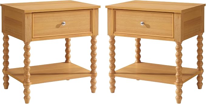 AMERLIFE 24" Wood Nightstand Set of 2, Vintage Bedside Table for Bedroom, Solid Wood Night Stand with Turned Legs, End Table with Drawer & Open Shelf, Natural Finish - Image 9