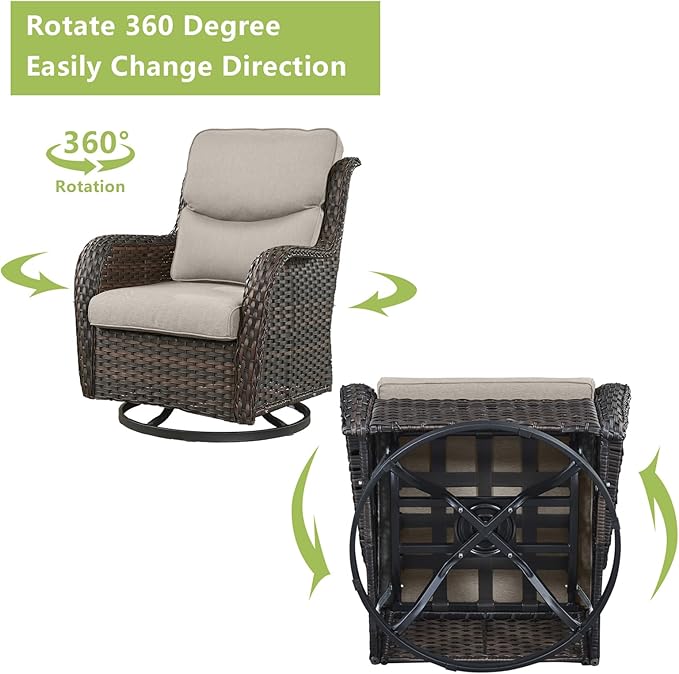 Rilyson Wicker Patio Furniture Set - 5 Piece Rattan Outdoor Sectional Conversation Sets with 2 Swivel Rocking Chairs,2 Ottomans and 1 Side Table for Porch Deck Garden(Brown/Beige/Smile)