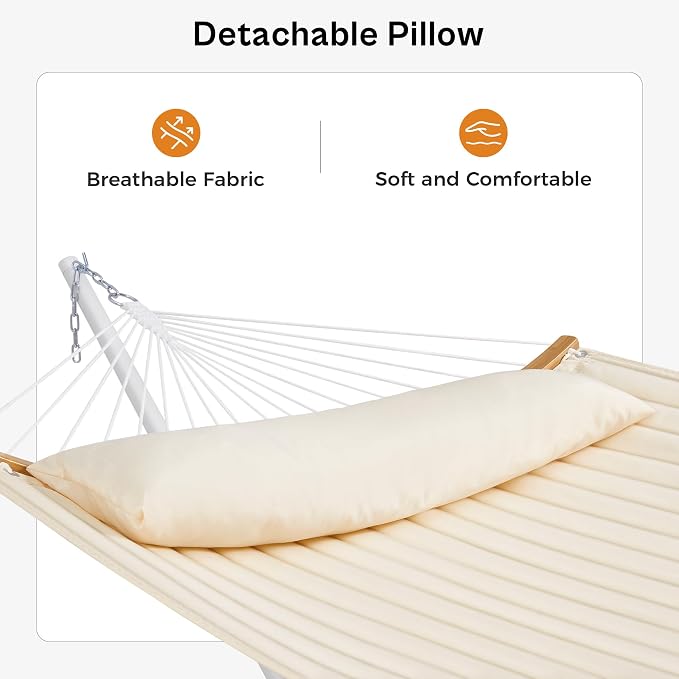 SUPERJARE Hammock with Stand, 2 Person Heavy Duty Hammock with Padded Cotton, Detachable Pillow & Strong Curved-Bar & Portable Carrying Bag, Perfect for Outdoor & Indoor, Beige - Image 4