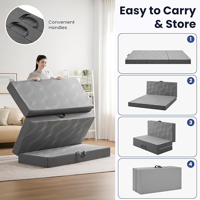 Folding Mattress Single, 6 Inch Memory Foam Foldable Mattress Single, Trifold Mattress with Breathable & Washable Cover, Portable Mattress for Guest Bed, 75"x25"x6", Grey