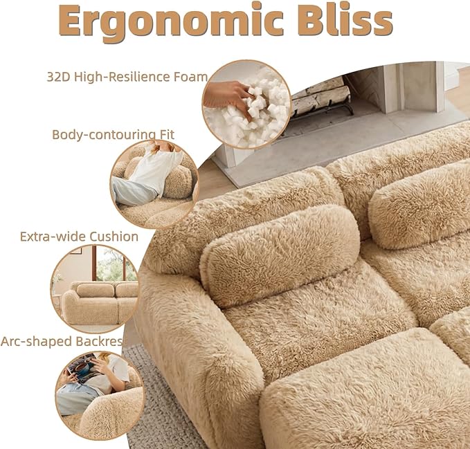 114.7" Sectional Sofa Bed, 6-Seater Modular Sleeper Boneless Couch with Movable Ottoman, Plush Convertible Sofa Set Deep Seat Couches for Living Room, Bedroom and Apartment, Light Khaki