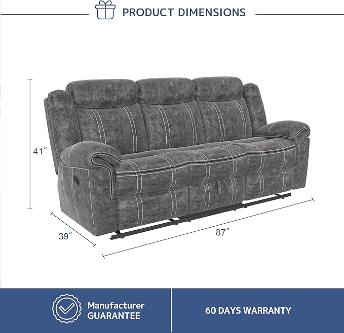 Acme Furniture Zubaida 41" x 87" Modern Velvet Reclining Sofa with USB Dock, 1 Storage Drawer, Tight Back & Seat Cushion, in 2-Tone Gray Finish
