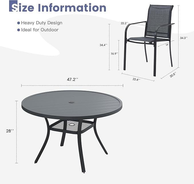 VICLLAX Round Outdoor Dining Set, Patio Table and Chairs Set Set of 6 Patio Stackable Chairs and 47" Outdoor Round Table with Umbrella Hole for Lawn Garden, Dark Grey Chairs and Dark Grey Table - Image 7