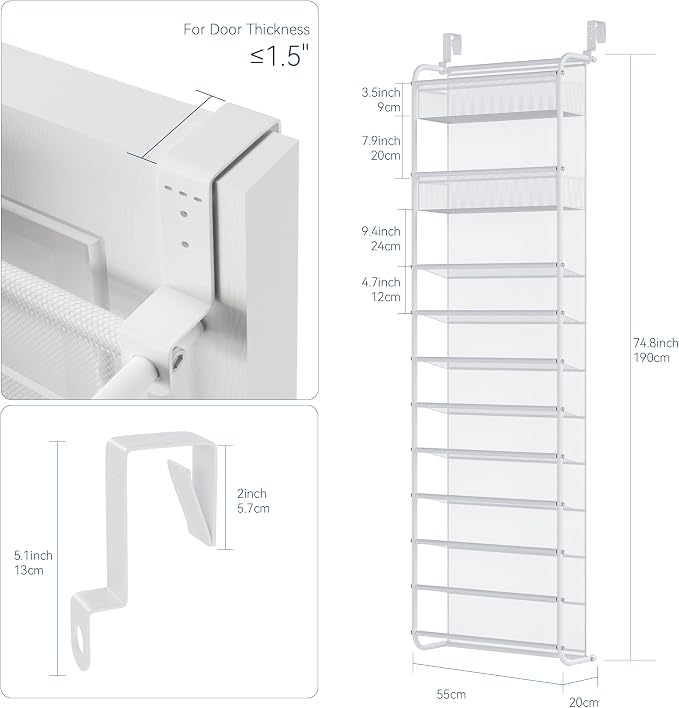 Whitmor 27 Pair Over The Door Shoe Organizer, 11 Tier Hanging Shoe Organizer, Heavy Duty Metal & Mesh Shoe Holder, Hanging Shoe Rack for Closet Organizer & Storage,74.8"L x 21.7"W x 7.5"H, White - Image 2