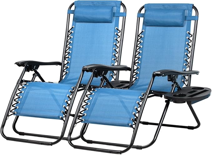 Nazhura Set of 2 Relaxing Recliners Patio Chairs Adjustable Steel Mesh Zero Gravity Lounge Chair Beach Chairs with Pillow and Cup Holder (Sky Blue) by NazhuraGoodCompanionAtHome