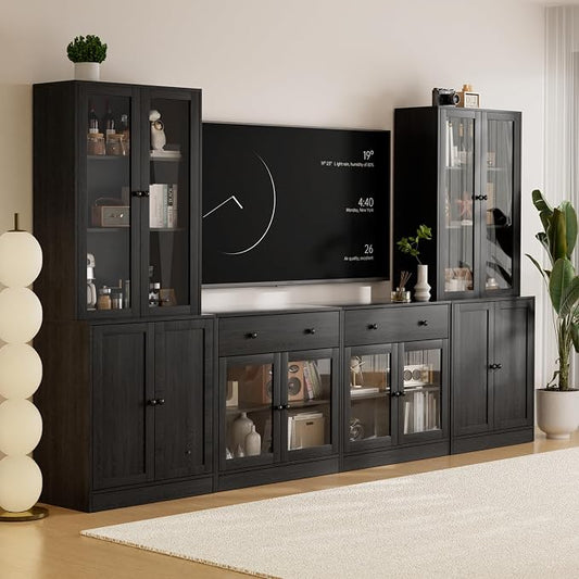 TUSY 71" TV Stand Storage Set - 2 Tall Bookcases & 2 Side Cabinets, Media Console with Glass & Wood Doors, Entertainment Center with Drawers, Tall Media Console for Living Room (Black, AFFA) by TUSY