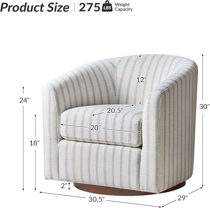 HULALA HOME Modern Swivel Accent Chair with Solid Wood Base, Round Swivel Barrel Chair with Striped Pattern, No Assembly Required, Blue